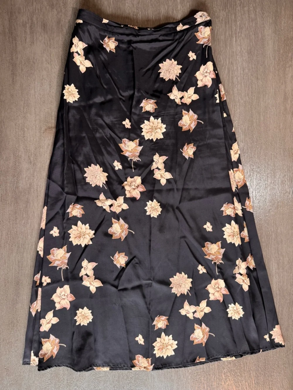 Vintage Black Floral Maxi Skirt L Tan Satin